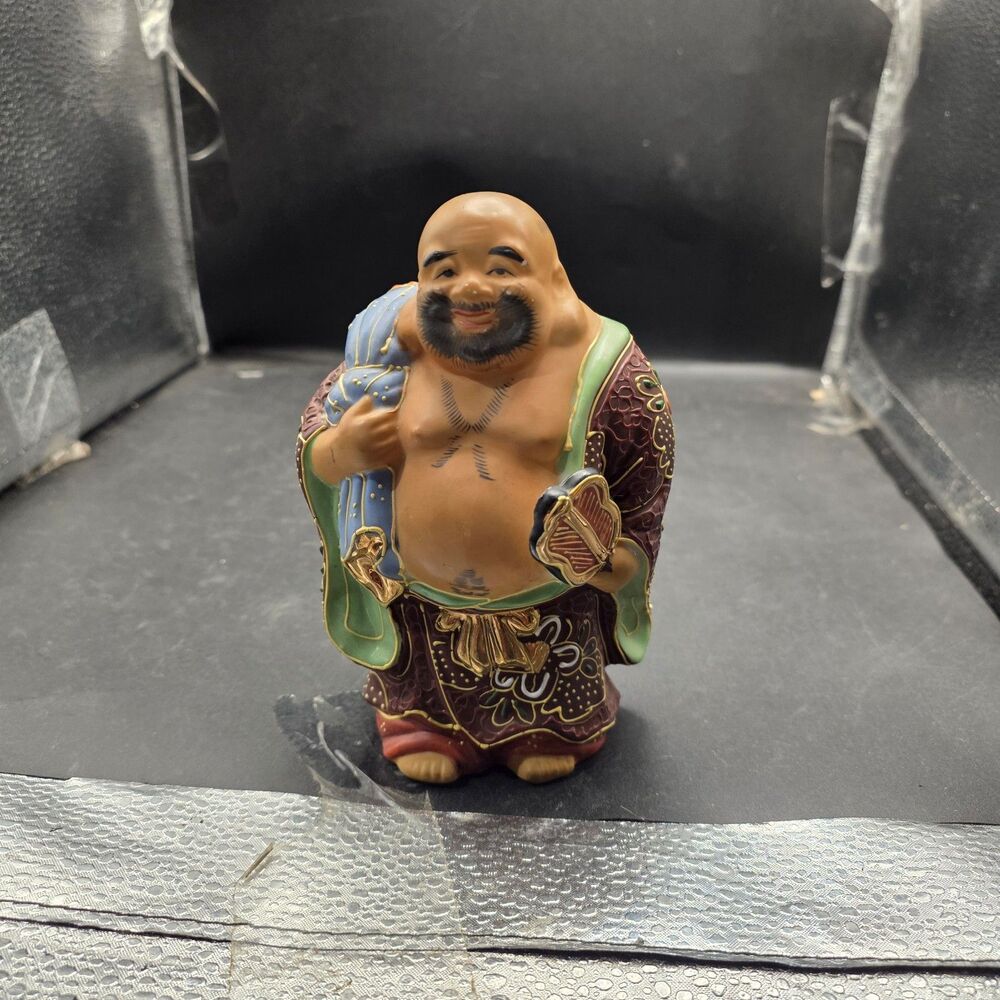 Vintage Japanese Kutani Hotei Laughing Buddha Porcelain Figurine Hand Painted